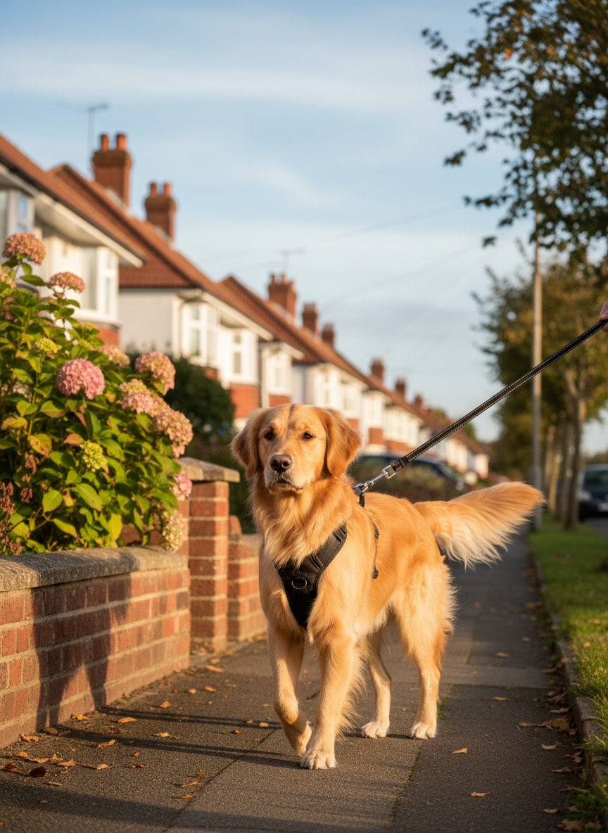 A well-groomed golden retriever with a soft, glossy coat and relaxed posture walking calmly along a leafy suburban pavement, attached to a secure, padded harness and lead. The dog’s tail is gently wagging, ears slightly perked, looking content and reassured. Neatly kept front gardens, low brick walls and a distant view of Stourport rooftops create a familiar Worcestershire neighborhood setting. Soft late-afternoon natural light casts gentle shadows and warm highlights on the fur, enhancing a feeling of safety and comfort. Photographic realism, eye-level composition with shallow depth of field keeps the dog in crisp focus while the background softly blurs, conveying calm, professional, personalised dog walking care.