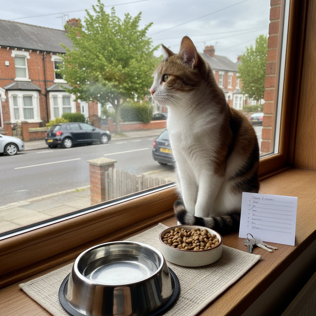 A relaxed short-haired domestic cat sitting on a wide windowsill, looking out over a quiet Kidderminster street, its tail curled neatly around its paws. Beside the cat stands a freshly topped-up water bowl and a small dish of food, arranged on a clean mat. A note card with an unreadable checklist and a neatly placed set of keys suggest a recent professional pet drop-in. Soft, diffused afternoon light streams through the window, illuminating the cat’s whiskers and creating gentle reflections on the glass. Photographic realism, slightly angled from the side to capture both the cat and the view outside, with a calm, homely atmosphere that conveys dependable, personalised care for indoor pets while their owners are away.