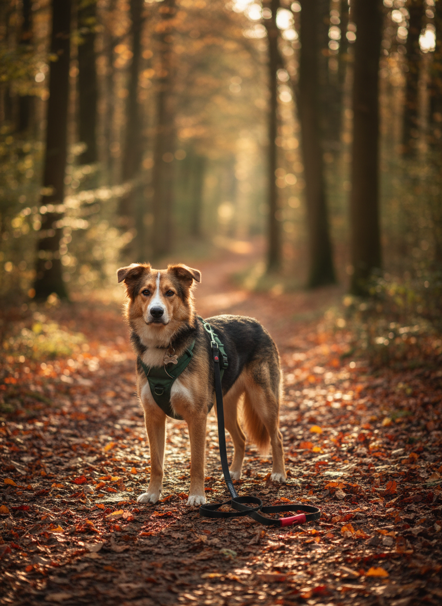 A single, medium-sized mixed-breed dog with a calm, attentive expression standing on a quiet woodland path near Bewdley, fallen leaves scattered around its paws. The dog wears a secure, well-fitted harness and ID tag, its leash loosely resting on the path to indicate a one-to-one walk under careful supervision. Tall trees line the trail, their trunks forming natural vertical lines, while soft golden-hour sunlight filters through the branches, creating dappled patterns on the ground and the dog’s coat. Photographic realism with a rule-of-thirds composition and gentle background bokeh emphasises the dog as the clear focus, conveying the tranquillity and dedicated attention of solo dog walking in a natural Worcestershire environment.