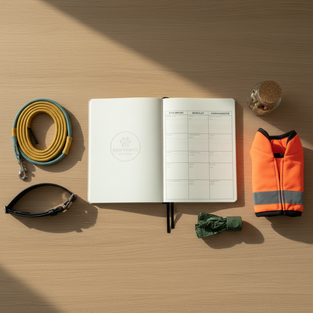 An overhead, photographic-realism view of a neatly laid-out pet care planner on a light oak table, surrounded by pet-related items: a pair of colour-coordinated dog leads, a reflective collar, biodegradable poo bags, a folded hi-visibility dog coat and a small container of treats. A printed weekly schedule, with Stourport, Bewdley and Kidderminster faintly visible as headings, suggests well-organised routes and visits, though text remains unreadable. Soft, indirect morning light from a nearby unseen window casts natural, minimal shadows, creating a clean, professional mood. The composition is carefully balanced, emphasising orderliness and reliability, representing the behind-the-scenes planning that ensures calm, safe and personalised dog walking and drop-in services.