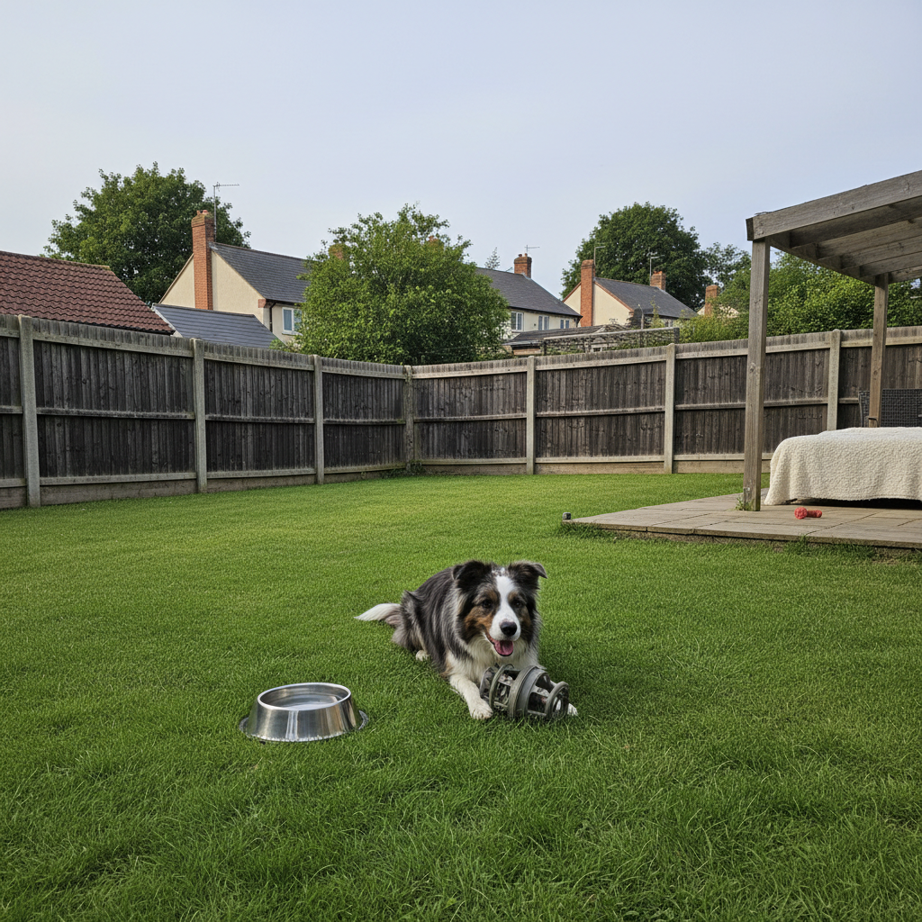 pet care A spacious, secure back garden enclosed by sturdy fencing, with a single lively but relaxed border collie playing with a puzzle toy on a neatly trimmed lawn during a drop-in visit. A stainless-steel water bowl glints nearby, and a soft blanket lies on a shaded patio area, hinting at rest time after play. In the background, Worcestershire rooftops and trees subtly suggest a local residential area. Gentle late-morning daylight, slightly overcast, creates soft, even lighting with no harsh shadows, underscoring safety and calm. Captured in photographic realism at dog-eye level, with moderate depth of field to show both dog and environment clearly, the scene communicates attentive, personalised outdoor enrichment in a safe home setting.