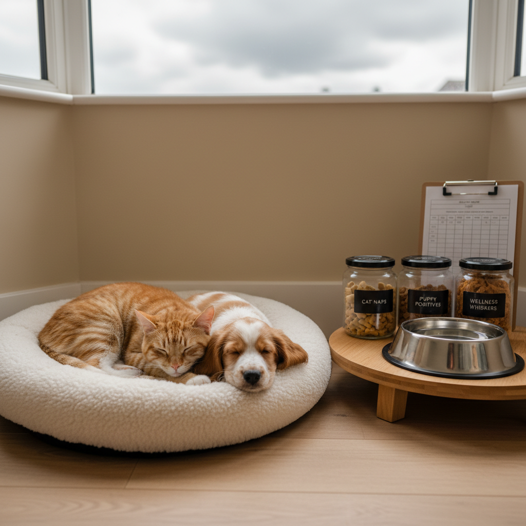 A cozy living room corner with a plush pet bed where a short-haired tabby cat and a small, sleepy spaniel puppy rest peacefully side by side. Beside them, a neatly arranged pet care station features labelled treat jars, a stainless-steel water bowl filled to the brim, and a clipboard with a visible but unreadable checklist, symbolising organised, professional drop-in visits. The room has neutral walls and light wooden flooring, with a large window revealing soft, overcast Worcestershire skies. Diffused natural light fills the space, creating a serene, trustworthy atmosphere. Shot in photographic realism from a slightly elevated angle, the composition highlights both animals and the tidy environment, reinforcing calm, safe, personalised at-home pet care.