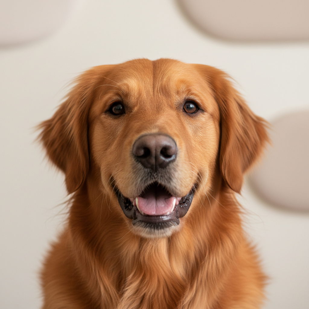 A small, close-up headshot of a deep amber coloured golden retriever, softly lit with a friendly expression and a simple light background, styled to match the site’s calm pet-care aesthetic.
