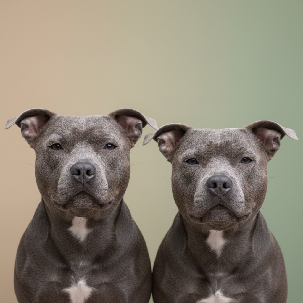 A small square image showing headshots of two blue-coloured Staffordshire Bull Terriers side by side, softly lit with friendly expressions, on a simple light neutral background that matches the site’s calm green and neutral aesthetic.