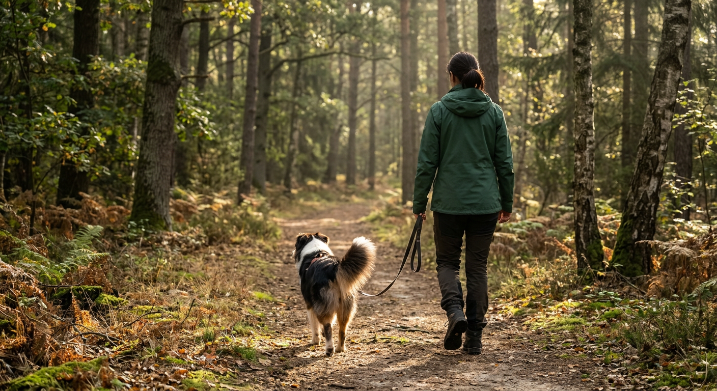 Person in green jacket walking a dog on a dirt path through the forest