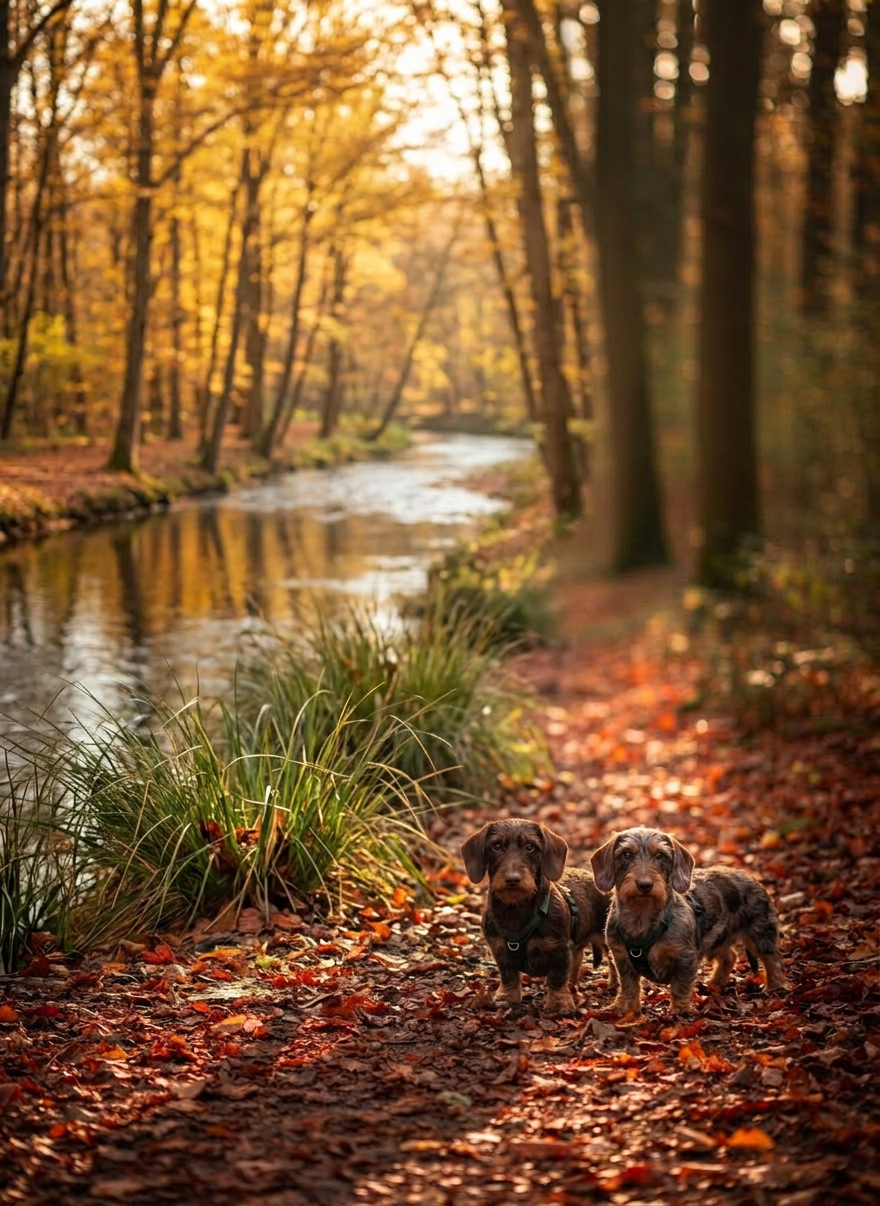 A single, medium-sized mixed-breed dog with a calm, attentive expression standing on a quiet woodland path near Bewdley, fallen leaves scattered around its paws. The dog wears a secure, well-fitted harness and ID tag, its leash loosely resting on the path to indicate a one-to-one walk under careful supervision. Tall trees line the trail, their trunks forming natural vertical lines, while soft golden-hour sunlight filters through the branches, creating dappled patterns on the ground and the dog’s coat. Photographic realism with a rule-of-thirds composition and gentle background bokeh emphasises the dog as the clear focus, conveying the tranquillity and dedicated attention of solo dog walking in a natural Worcestershire environment.